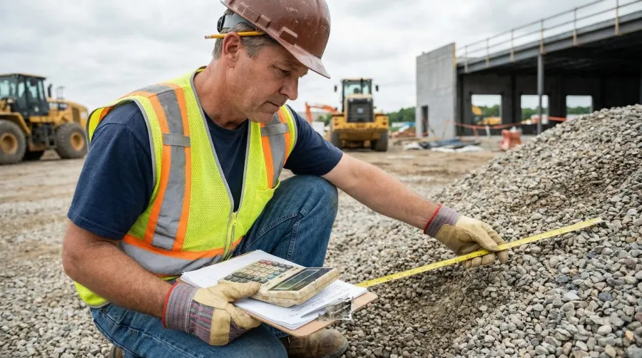 Construction worker calculating gravel costs with measuring tape and calculator
