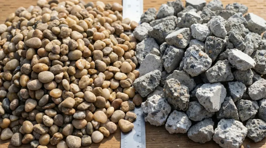 Close up comparison of pea gravel and crushed concrete textures