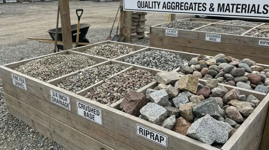 Various gravel stones of different sizes displayed together, showing construction materials