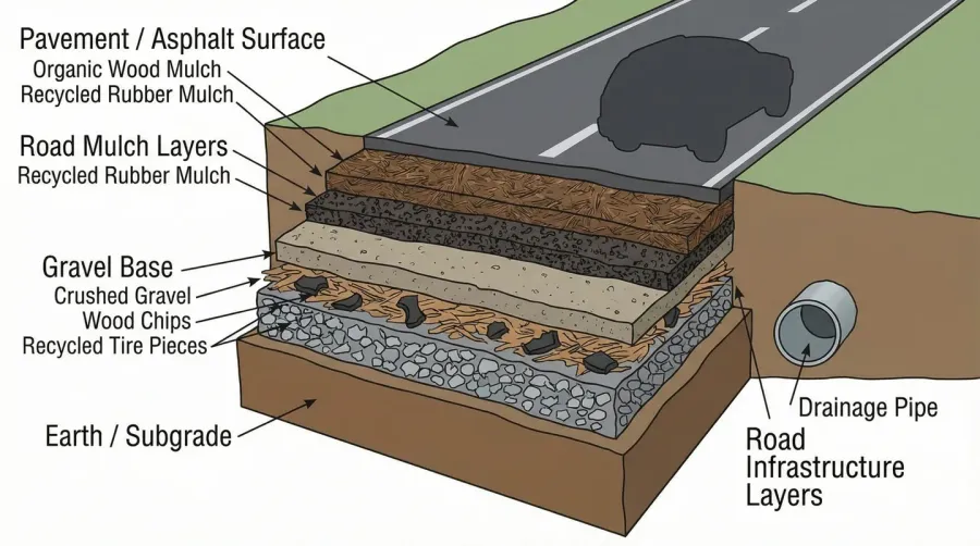 Cross-section diagram showing road mulch layers