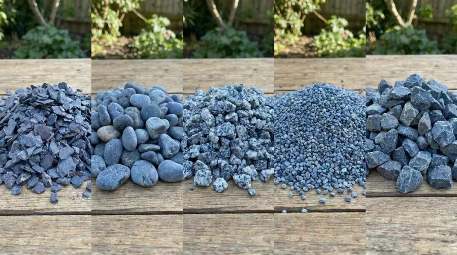 Different types of blue stone gravel samples comparison