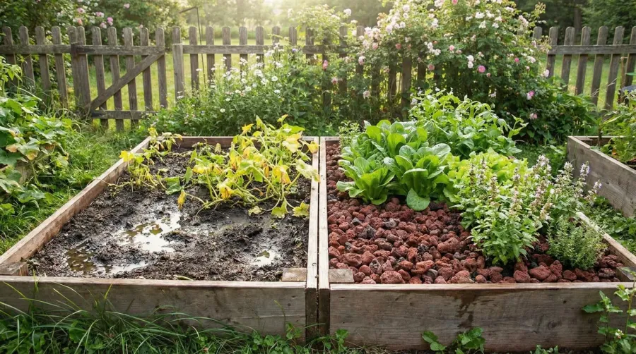 Lava rock drainage comparison before and after in garden bed