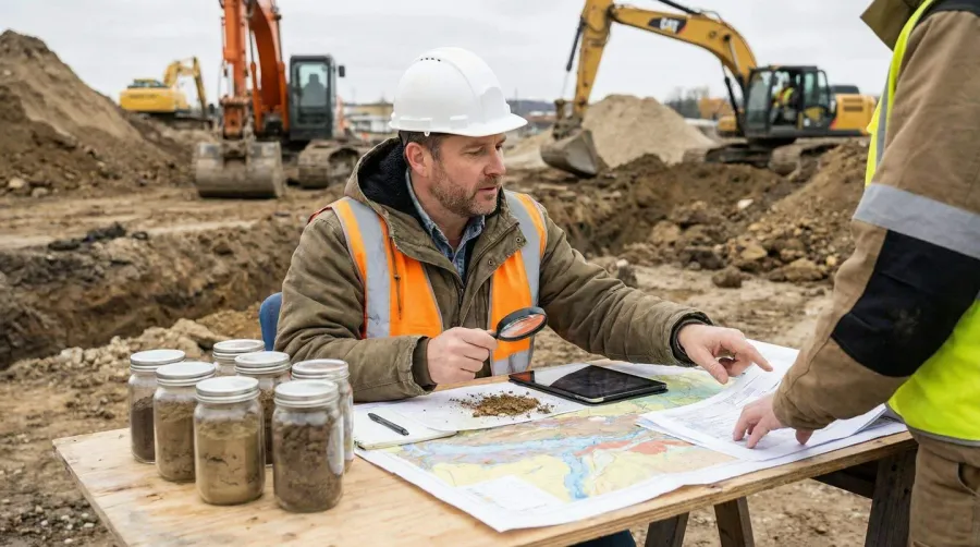 Professional dirt broker reviewing soil samples and paperwork at construction site