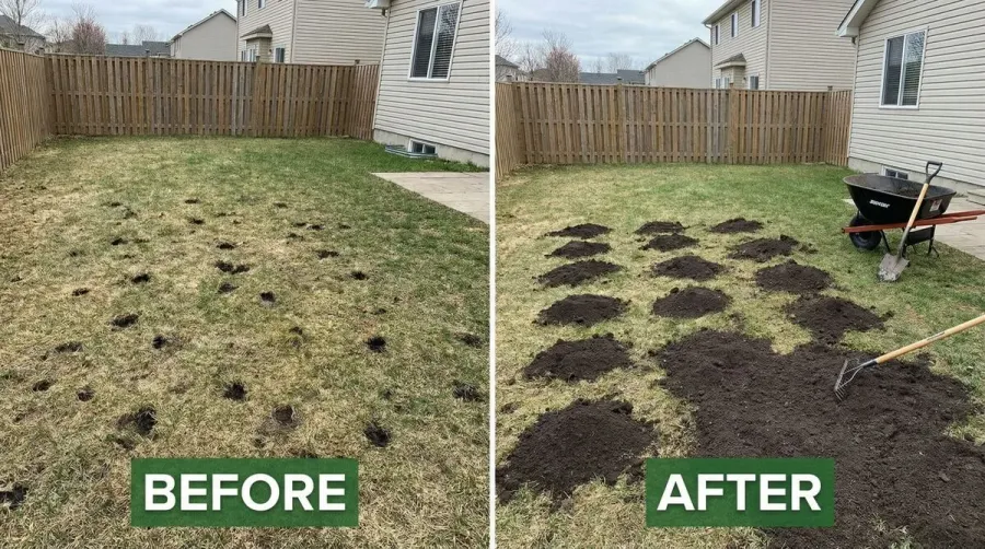 Yard with holes before and after filling with dirt