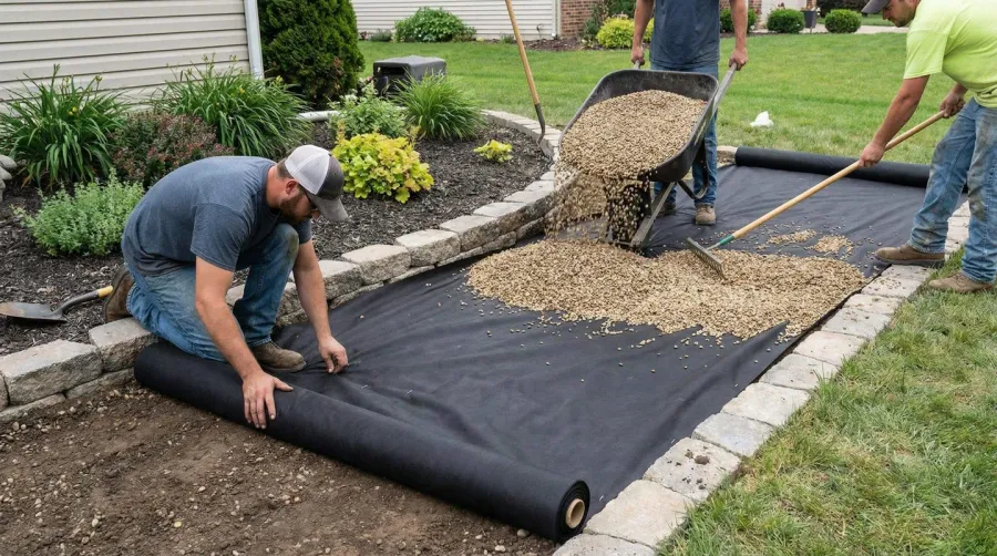 installation process showing landscape fabric being laid before pea gravel