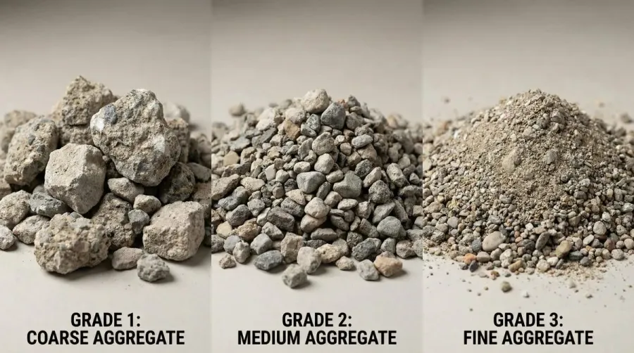 Grade comparison of crushed concrete samples showing different particle sizes