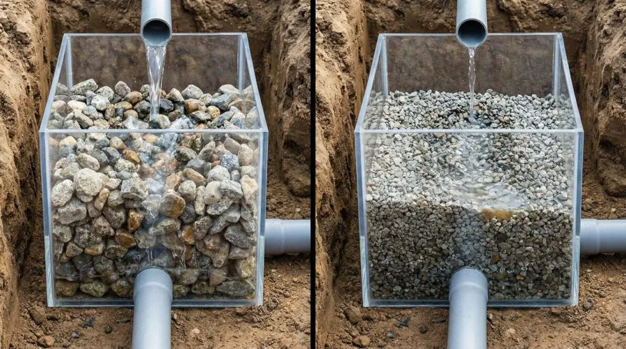 Drainage comparison showing water flow through different gravel types