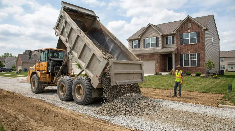 Dump truck delivering rocks to residential property