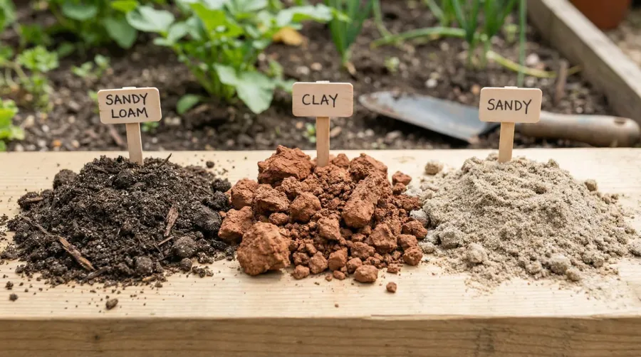 comparison photo showing sandy loam next to clay soil and sandy soil samples