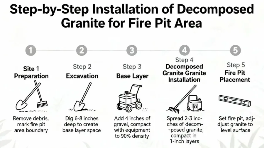 Step-by-step decomposed granite installation process for fire pit area with tools and equipment