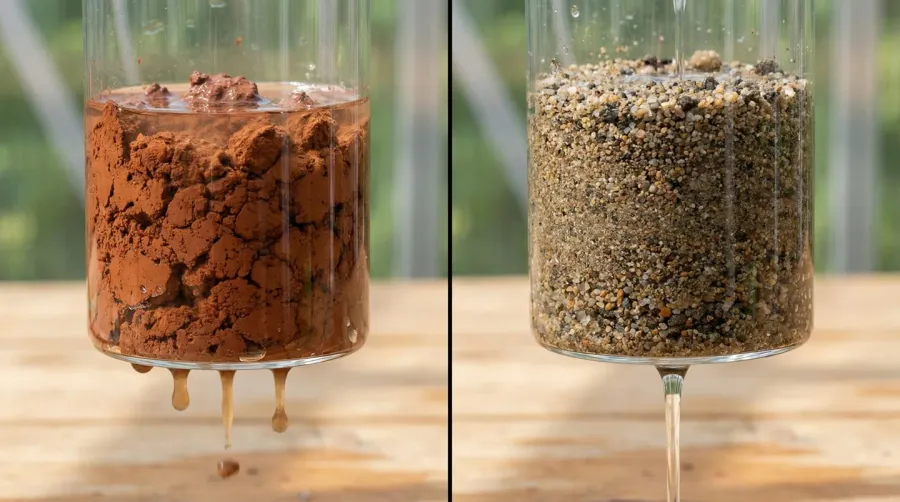 Close up comparison of clay soil versus sand amended soil showing drainage differences