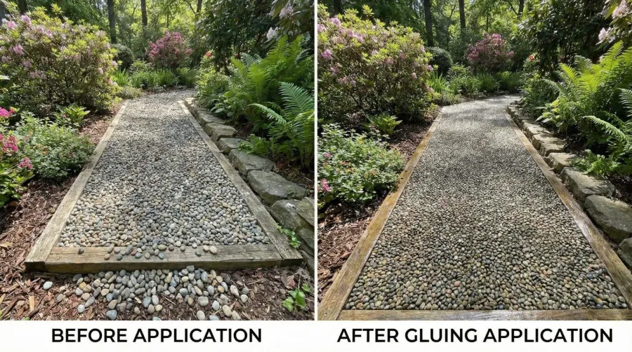Pea gravel pathway before and after gluing application