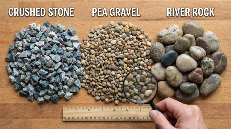 Close Up Comparison Crushed Stone Pea Gravel River Rock Road Materials
