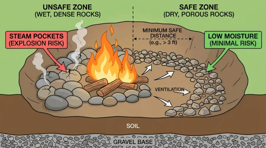 Cross-section diagram showing safe vs unsafe zones for river rock around fire pit
