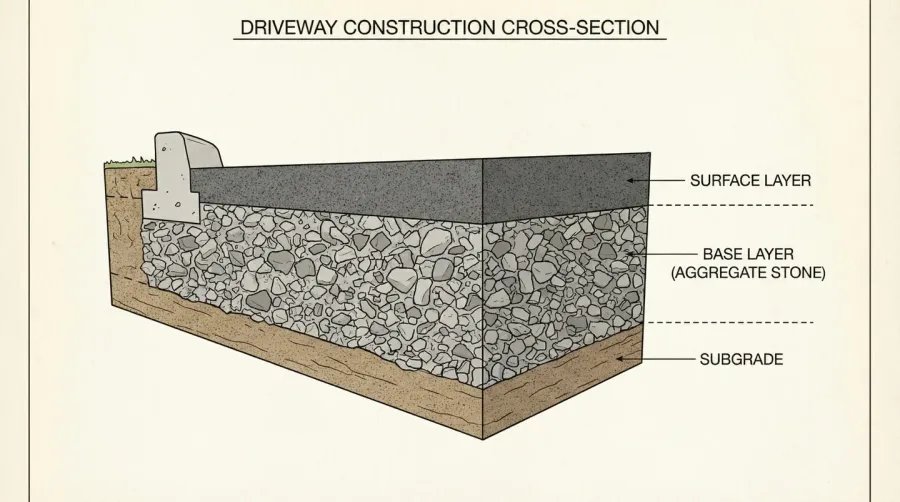 Cross-section diagram showing driveway layers with gravel base and sand bedding