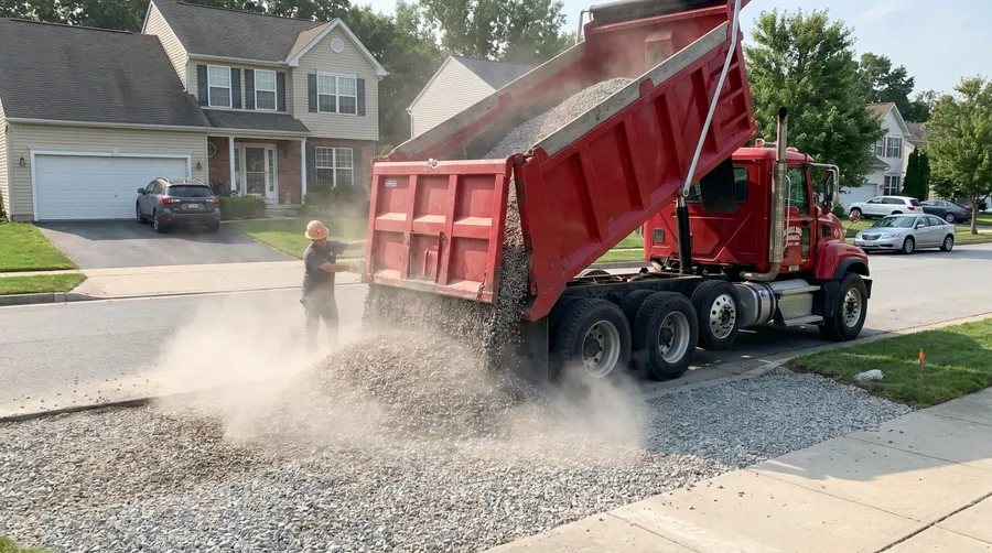Dump truck delivering gravel to residential driveway