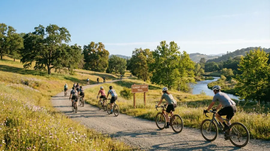 Scenic gravel trail with cyclists on Sunday morning