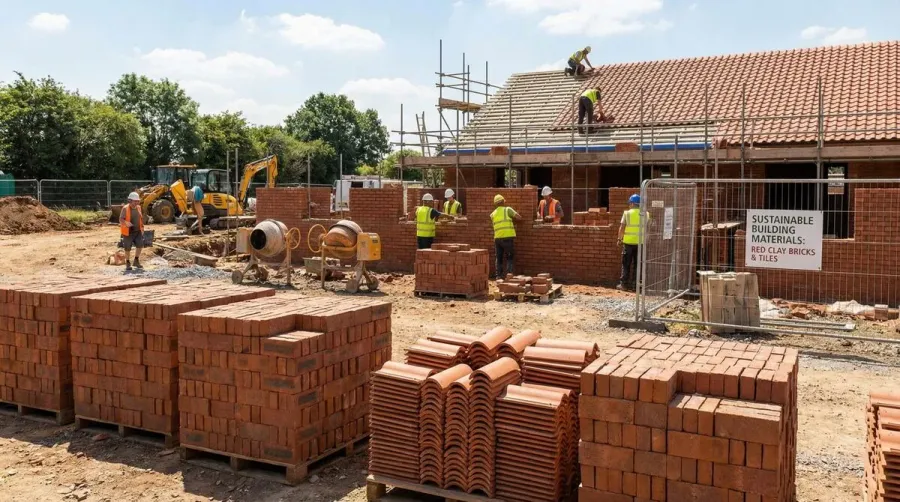 Red clay bricks and tiles in construction project
