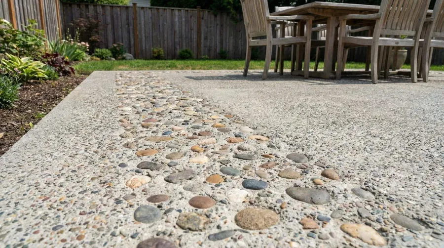 Exposed aggregate concrete patio before staining showing natural stone texture