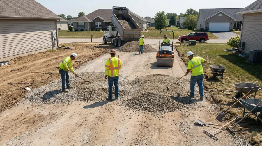 Construction site aggregate application for driveway installation