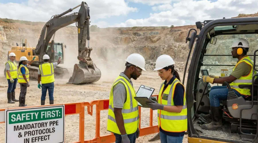 Quarry workers wearing proper safety equipment and following protocols