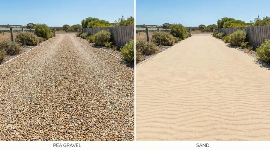 Side-by-side comparison of pea gravel and sand driveways showing texture differences