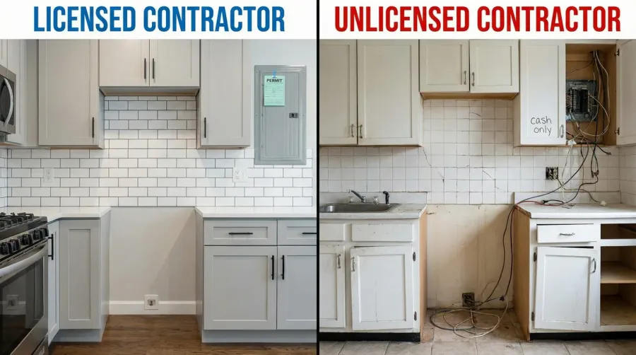Split screen showing licensed vs unlicensed contractor work quality comparison