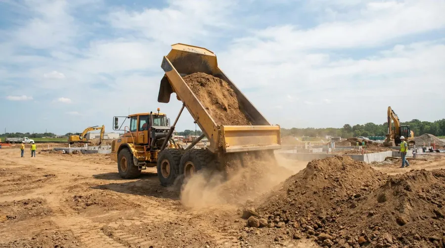 Construction site with fill dirt being delivered by dump truck
