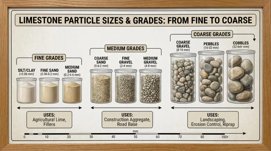 Limestone sizes chart showing different grades from fine to coarse