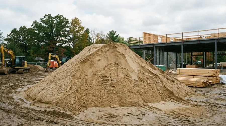 Large pile of construction sand at a Michigan construction site