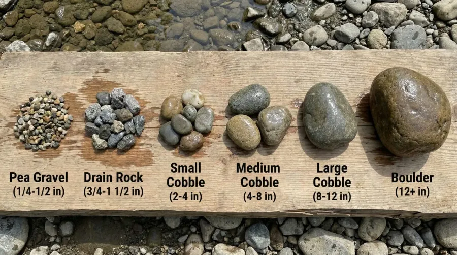 river rock sizes comparison chart showing different stone sizes from small to large