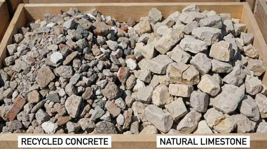 Comparison of crushed concrete and limestone materials side by side