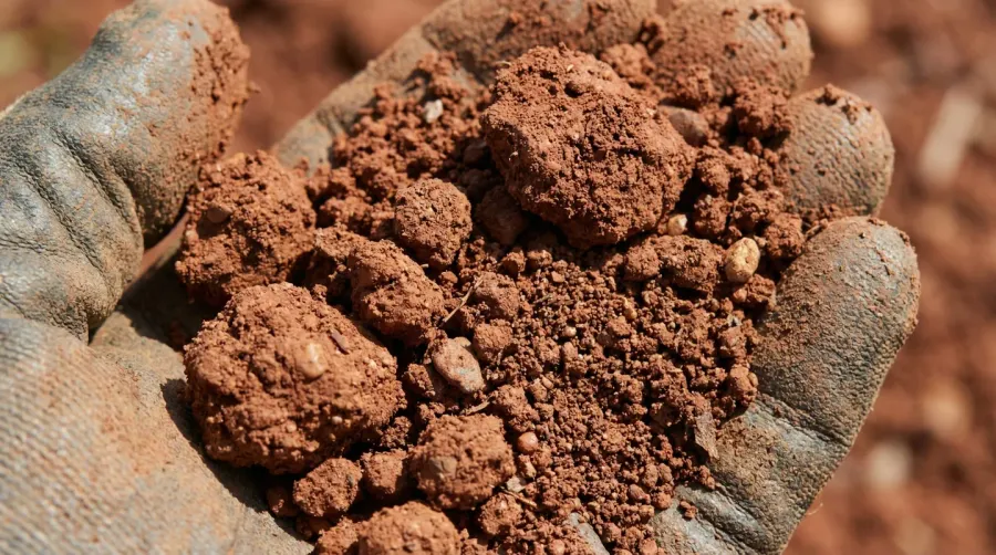 Red clay soil sample showing distinctive reddish color and texture