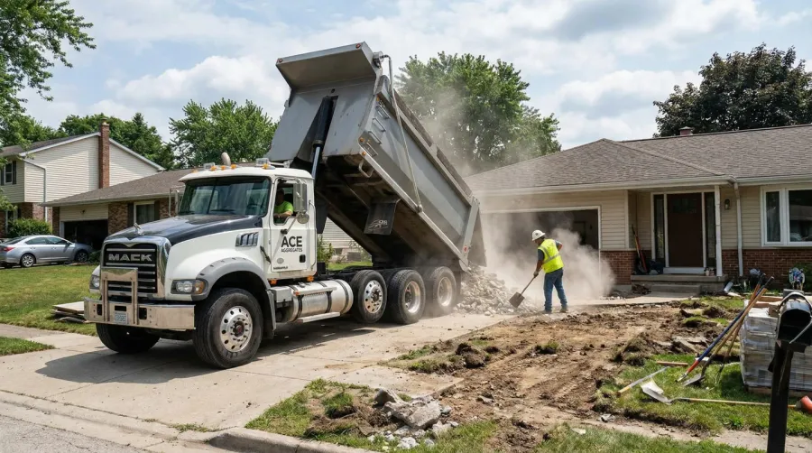 delivery truck unloading crushed concrete at residential site
