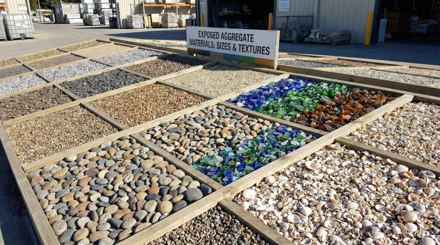 Different types of exposed aggregate materials display