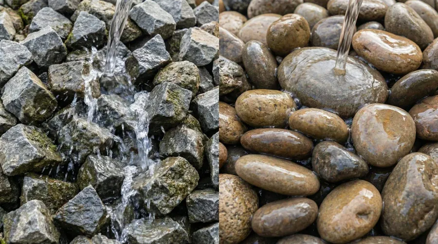 Close up comparison of angular drainage rock vs smooth river rock showing water flow differences