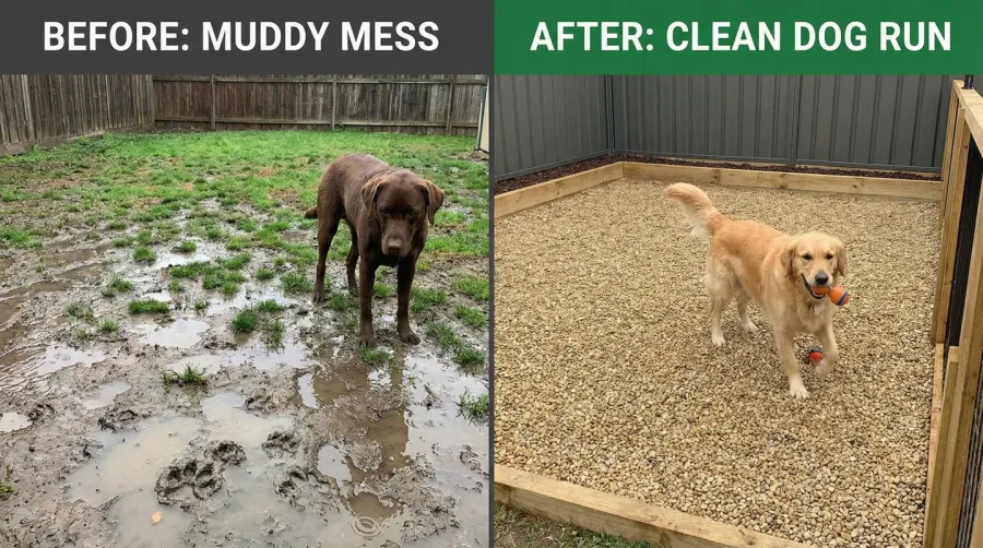 before after comparison muddy yard vs clean gravel dog run