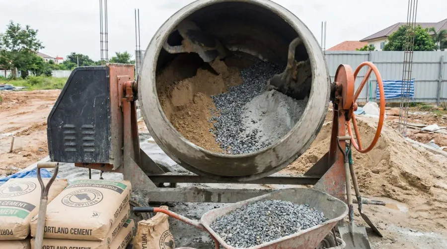 Concrete mixer showing sand gravel cement composition