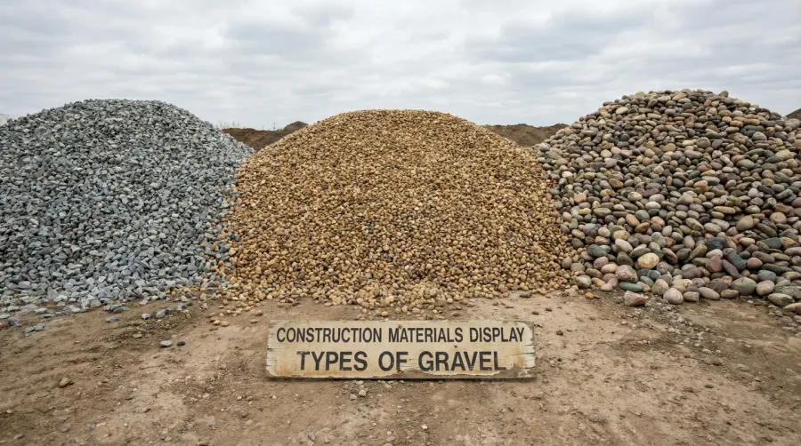 Different types of gravel piles including crushed stone, pea gravel, and river rock