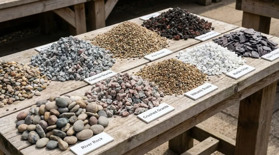 Various types of gravel displayed in neat piles showing different textures and colors