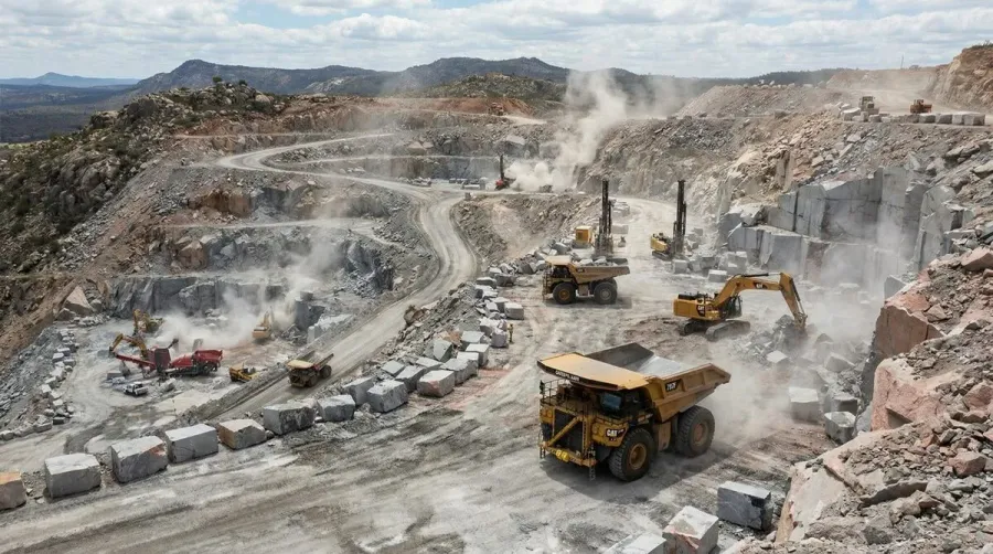 Granite quarry mining operation with trucks and equipment