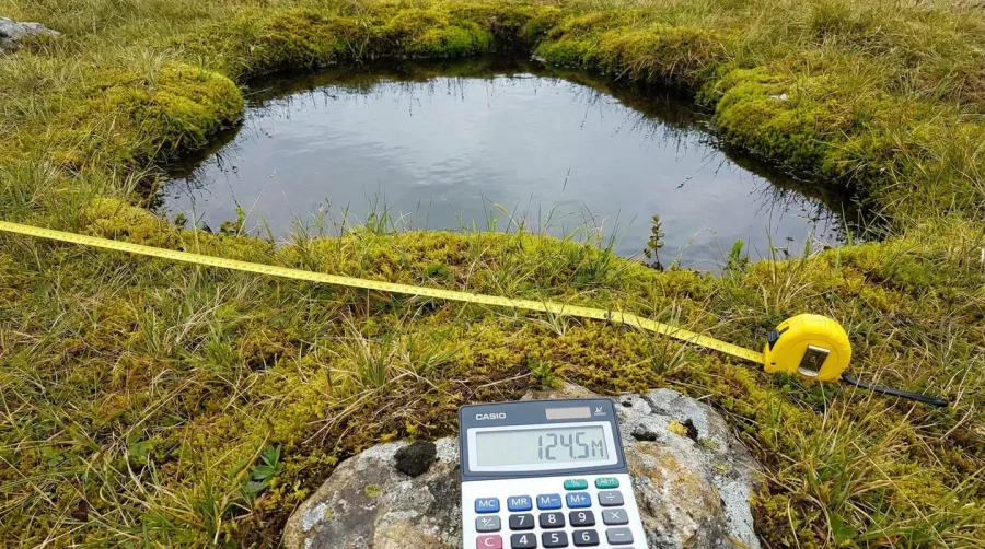 Measuring tape around pond perimeter with calculator showing measurements