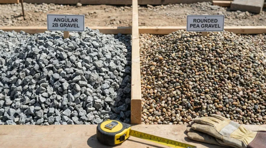 Comparison showing angular 2B gravel versus rounded pea gravel