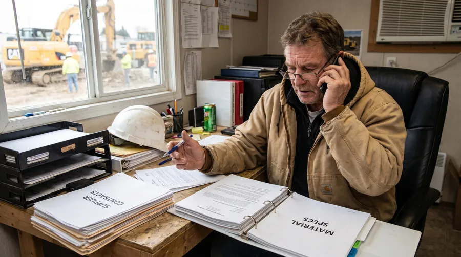 Contractor reviewing supplier contracts and material specifications