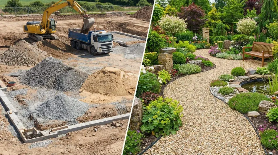 Construction site showing aggregate use vs landscaped area with gravel