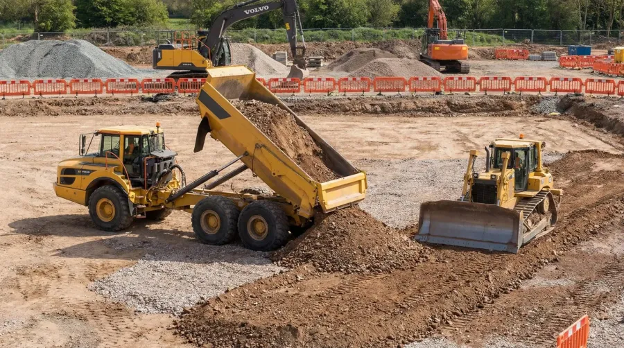 construction site with clean fill dirt being delivered by truck