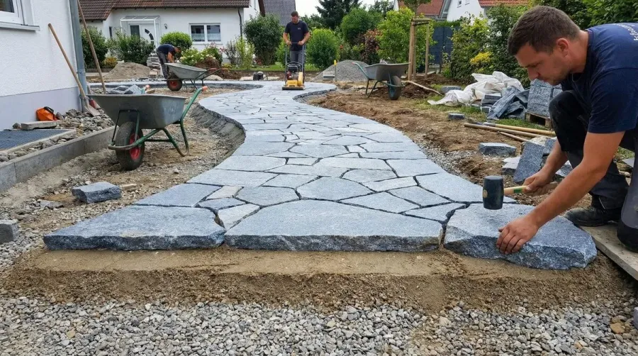 Blue Granite Pathway Installation Showing Proper Base Preparation And Stone Placement Techniques