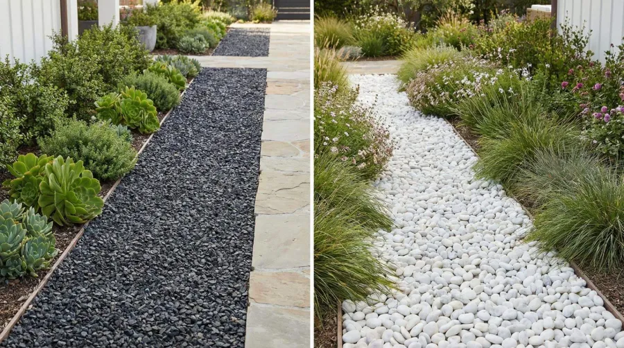 Black and white gravel side by side comparison in outdoor landscape
