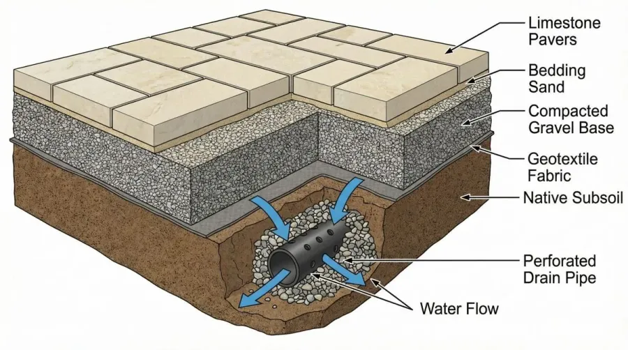 Cross Section View Of Properly Installed Limestone Paver Base With Drainage