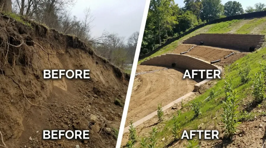 before and after photos of properly calculated slope fill project